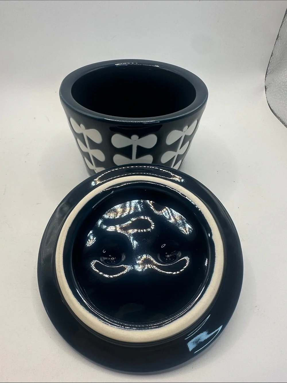 Blue and White Ceramic Lidded Canister with Modern Leaf Motif